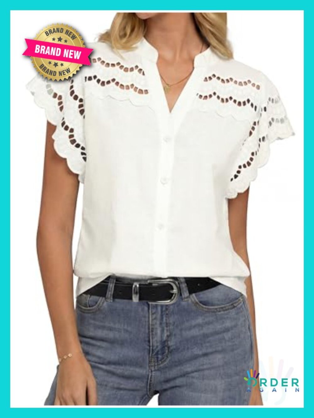 Womens Cotton Linen Eyelet Blouse V Neck Button Down Flowy Summer Top